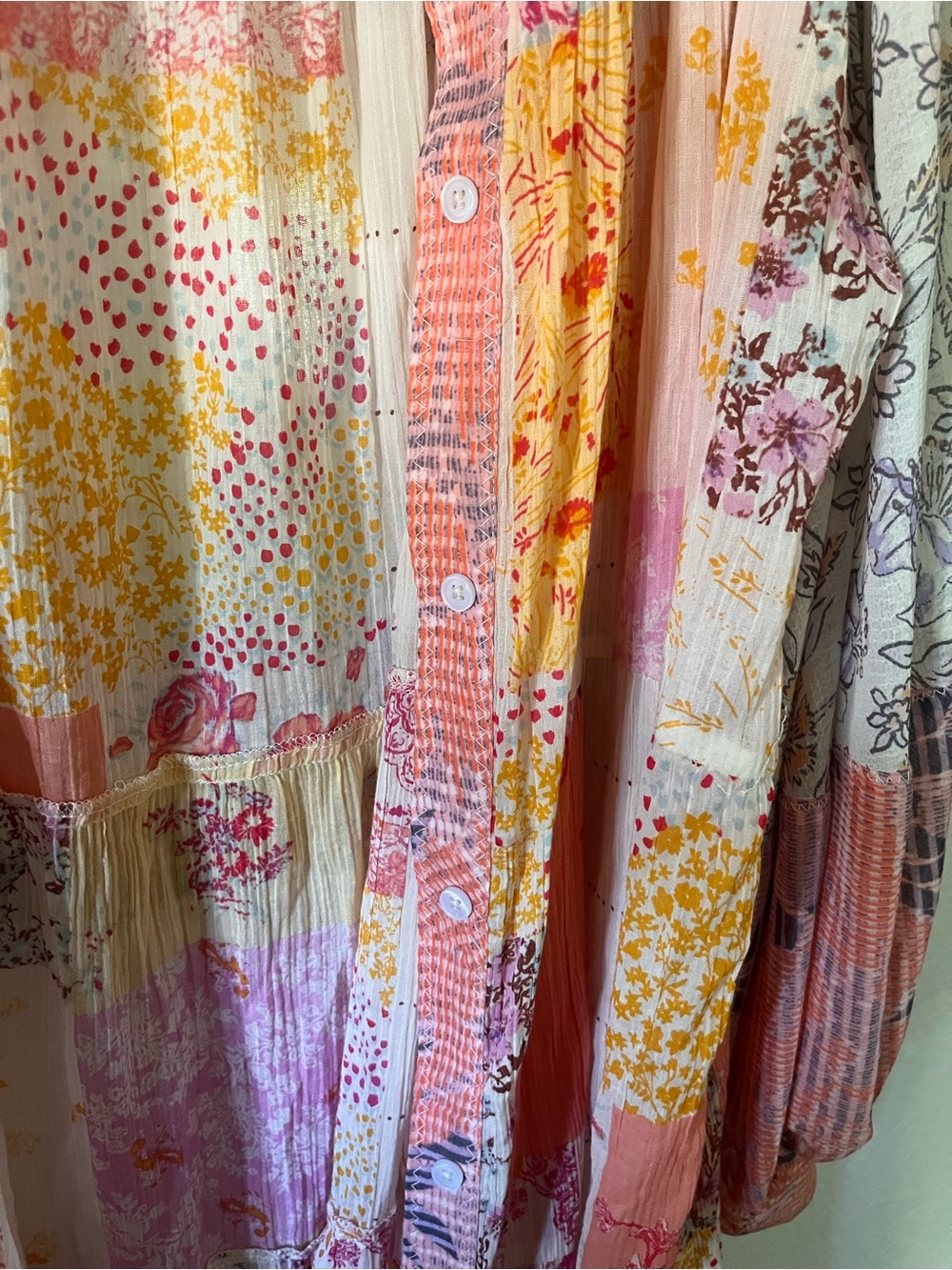 Free People Multicolor Floral Patchwork Button-Front Top (Pink, Yellow, Orange)